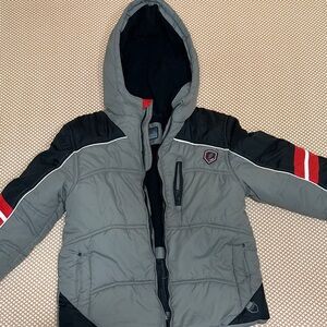 Boys Gray and Black Hooded Jacket with Red Accents